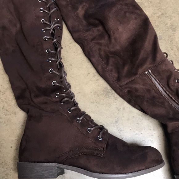 Taupe suede lace up thigh high boots - Picture 4 of 5